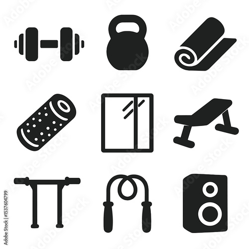 Home Gym Icons. Solid, filled icons set of home gym essentials: adjustable dumbbell, kettlebell, exercise mat,