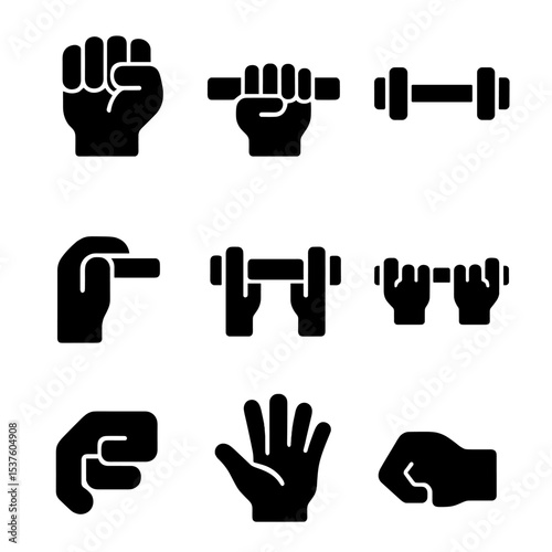 Gym Hand Positions Icons. Solid, filled icons set of gym hand positions: closed grip, open grip, neutral grip,