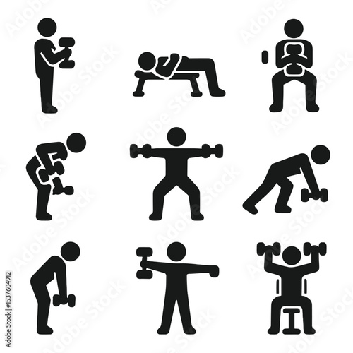 Dumbbell Exercise Icons. Solid, filled icons set of dumbbell exercises: hammer curl, chest press, goblet squat