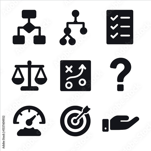 Business Decision Icons. Solid, filled icons set of business decision-making: flowchart, decision tree,