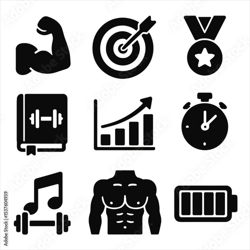 Fitness Motivation Icons. Solid, filled icons set of strength workout motivation: flexed arm, goal target,