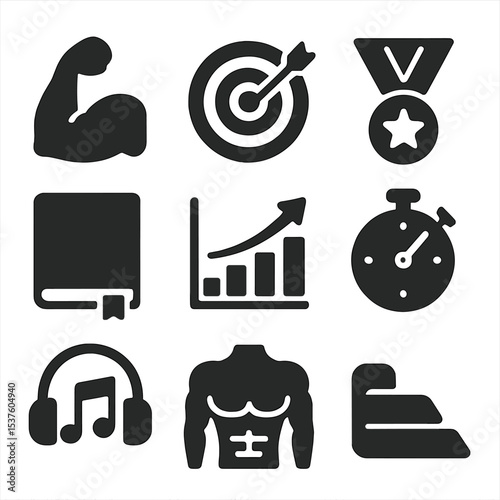 Fitness Motivation Icons. Solid, filled icons set of strength workout motivation: flexed arm, goal target,