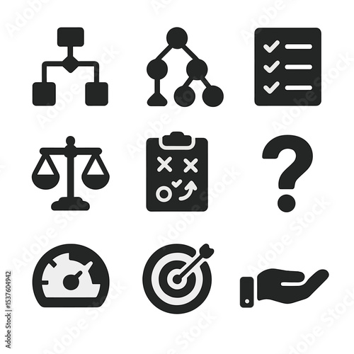 Business Decision Icons. Solid, filled icons set of business decision-making: flowchart, decision tree,