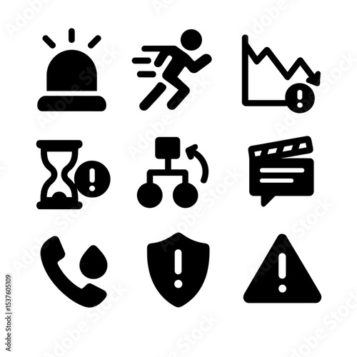 Crisis Management Icons. Solid, filled icons set of crisis decision-making: emergency bell, fast response icon