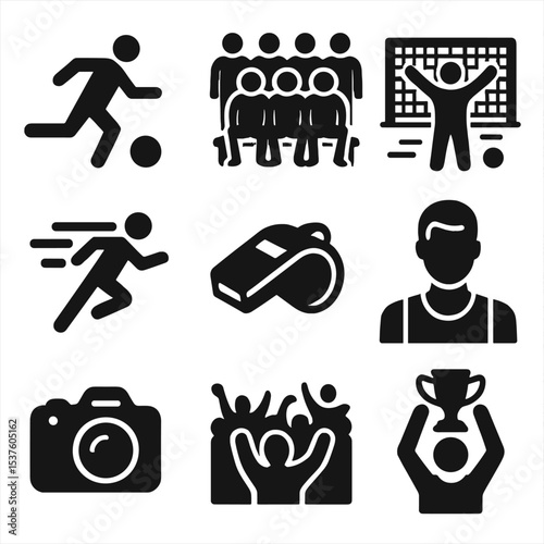 Sports Photography Icons. Solid, filled icons set of sports photography: action shot, team photo, goal