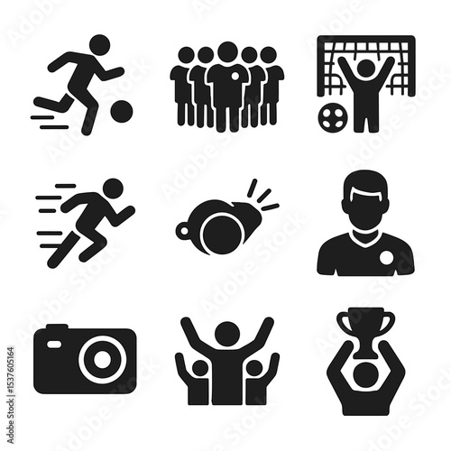 Sports Photography Icons. Solid, filled icons set of sports photography: action shot, team photo, goal