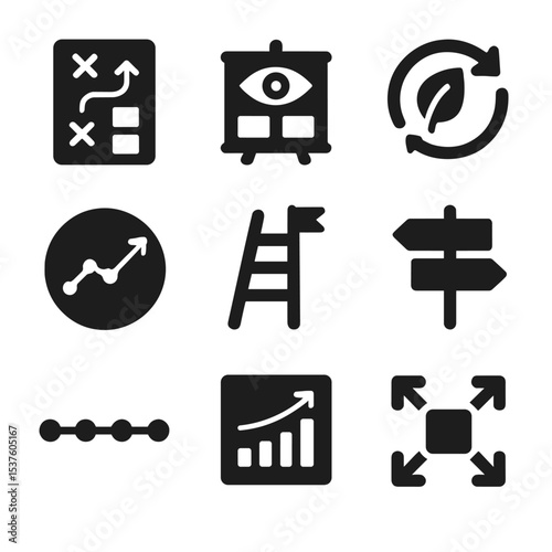 Strategic Planning Icons Grid. Solid, filled icons set of long-term strategic decisions: five-year plan,