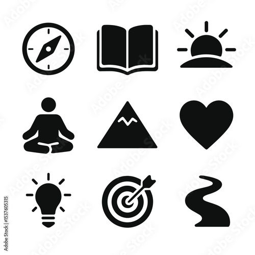 Purpose-Finding Icon Set. Solid, filled icons set of finding purpose: compass icon, open book, rising sun,