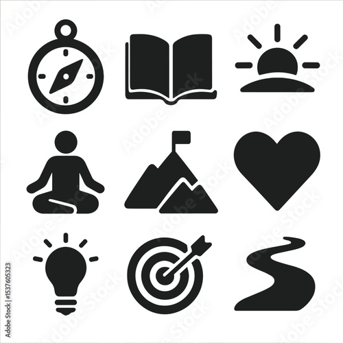 Purpose-Finding Icon Set. Solid, filled icons set of finding purpose: compass icon, open book, rising sun,