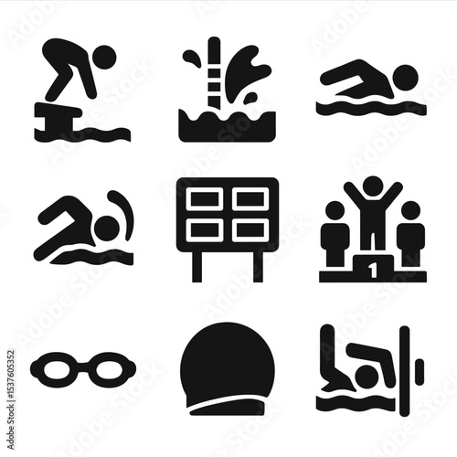 Swimming Icons Set. Solid, filled icons set of swimming competition photos: dive start, lane splash, freestyle