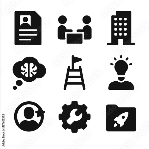 Career Icons Grid. Solid, filled icons set of career purpose exploration: resume document, interview icon,