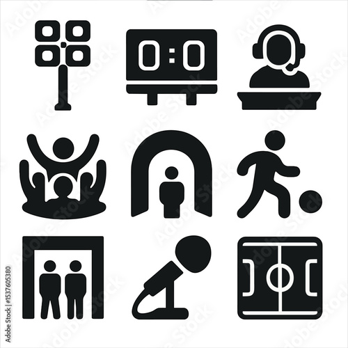Stadium Event Icons. Solid, filled icons set of stadium event coverage: floodlights, scoreboard, announcer