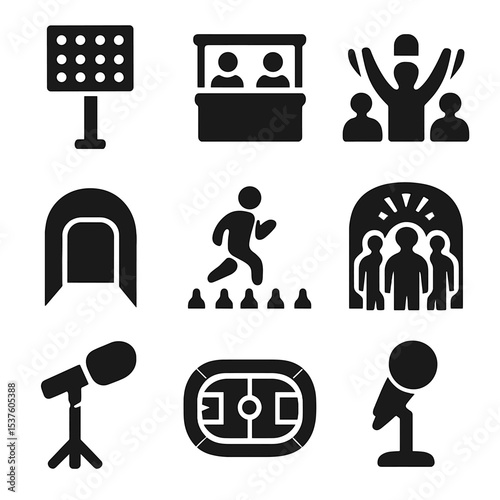 Stadium Event Icons. Solid, filled icons set of stadium event coverage: floodlights, scoreboard, announcer