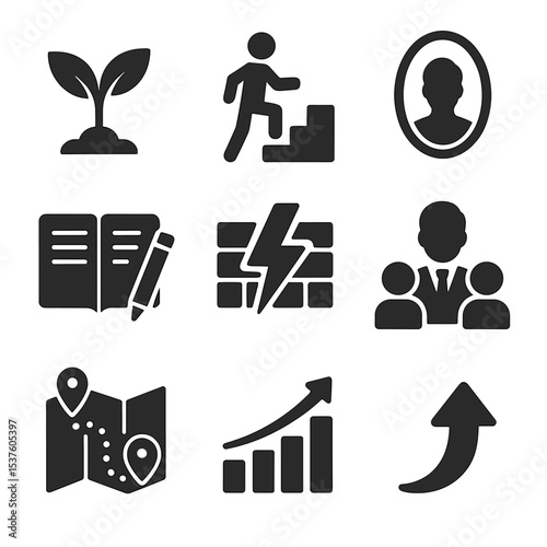 Personal Growth Icons. Solid, filled icons set of personal growth journey: sprouting plant, climbing steps,