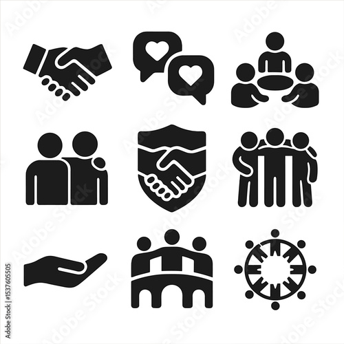 Meaningful Connections Icons. Solid, filled icons set of meaningful connections: handshake, heart-to-heart