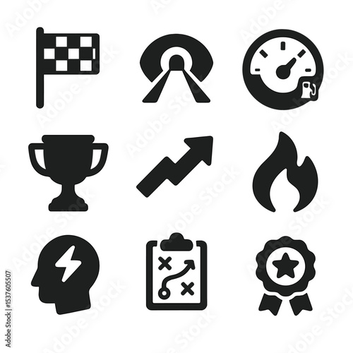 Motivation Icon Set. Solid, filled icons set of motivation and drive: finish line flag, vision tunnel, fuel