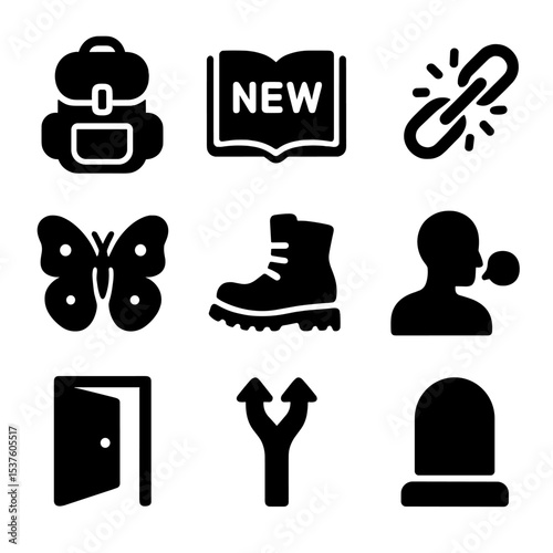 Transformative Icons Grid. Solid, filled icons set of transformative experiences: travel backpack, new chapter