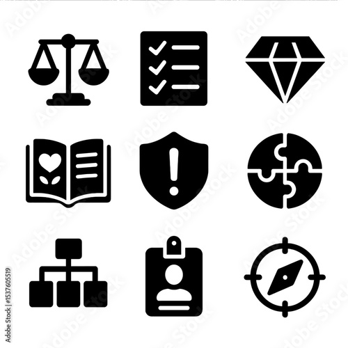 Core Values Icon Set. Solid, filled icons set of life values discovery: balance scale, priority list, value