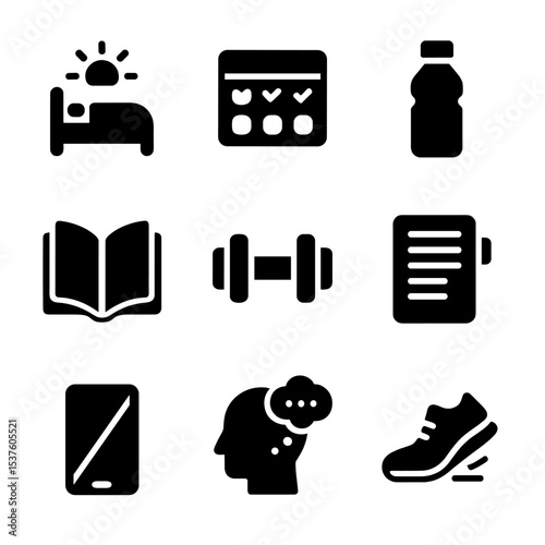 Purposeful Habits Icons. Solid, filled icons set of purposeful habits: morning routine, habit tracker, water