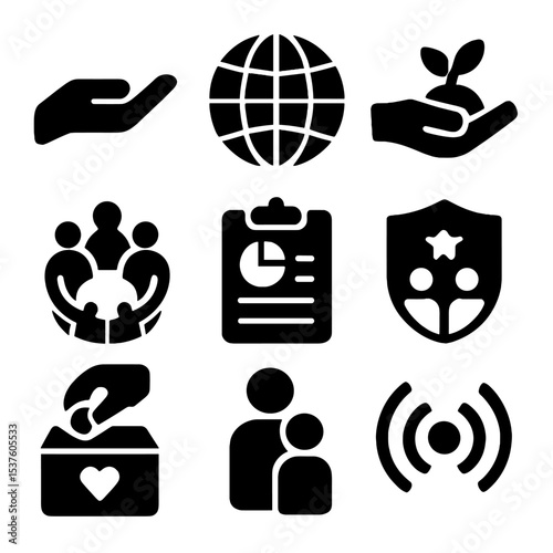 Legacy and Impact Icons. Solid, filled icons set of legacy and impact: helping hand, globe icon, seed planting