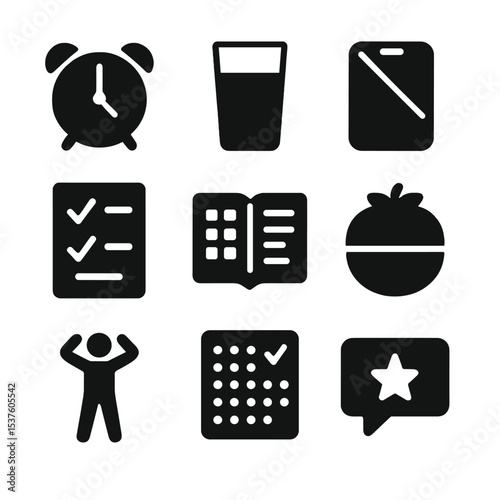Focus Habit Icons. Solid, filled icons set of focus-boosting habits: early wake-up, water glass, phone-free