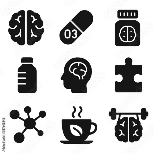 Brain Optimization Icons. Solid, filled icons set of brain optimization methods: healthy brain, omega-3 pill,