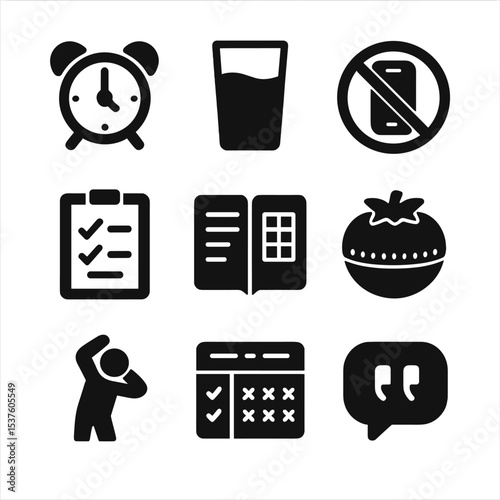 Focus Habit Icons. Solid, filled icons set of focus-boosting habits: early wake-up, water glass, phone-free