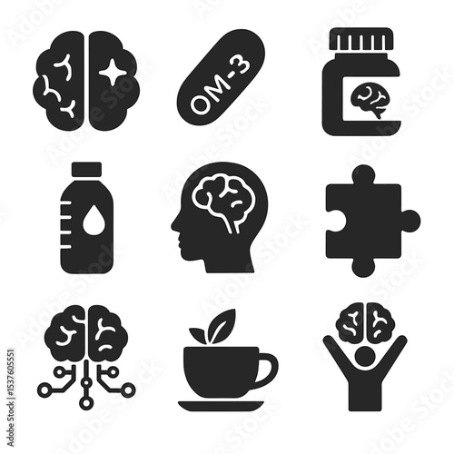 Brain Optimization Icons. Solid, filled icons set of brain optimization methods: healthy brain, omega-3 pill,