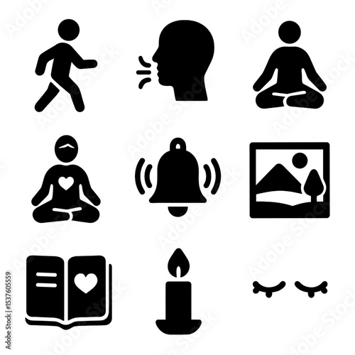 Mindfulness Icon Grid. Solid, filled icons set of mindfulness practices: mindful walking, breathing pattern,