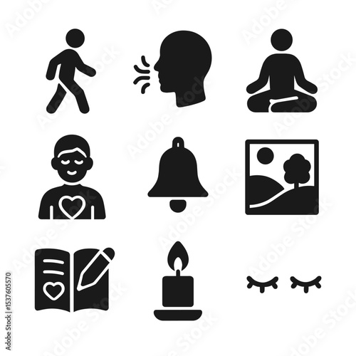 Mindfulness Icon Grid. Solid, filled icons set of mindfulness practices: mindful walking, breathing pattern,