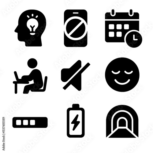 Productivity Icon Set. Solid, filled icons set of productivity flow techniques: deep work icon, distraction