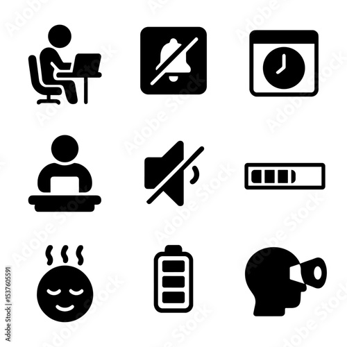 Productivity Icon Set. Solid, filled icons set of productivity flow techniques: deep work icon, distraction
