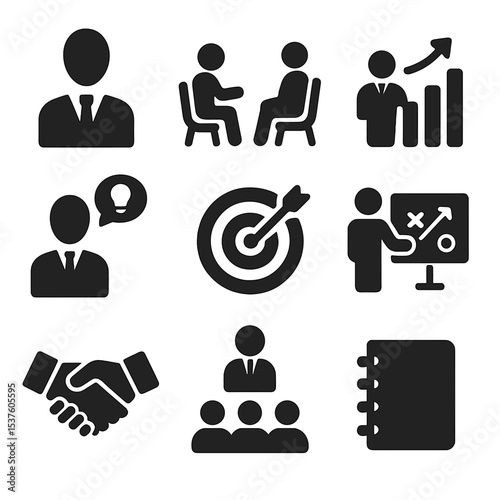 Business Mentor Icons. Solid, filled icons set of business mentor: mentor figure, coaching session, growth