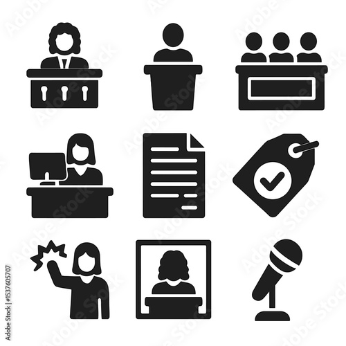 Courtroom Icons Set. Solid, filled icons set of courtroom activities: judge bench, witness stand, jury box,
