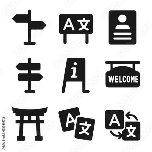 Multilingual Signage Icons. Solid, filled icons set of multilingual signage: street sign, dual-script board,