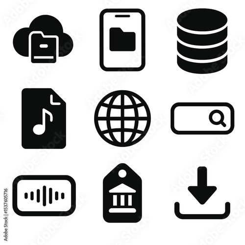 Digital Preservation Icons. Solid, filled icons set of digital preservation platforms: cloud archive, mobile