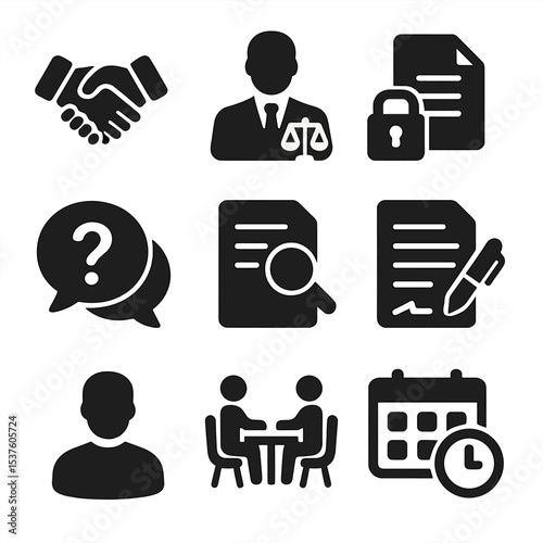 Legal Consultation Icons. Solid, filled icons set of attorney-client consultation: handshake icon, legal