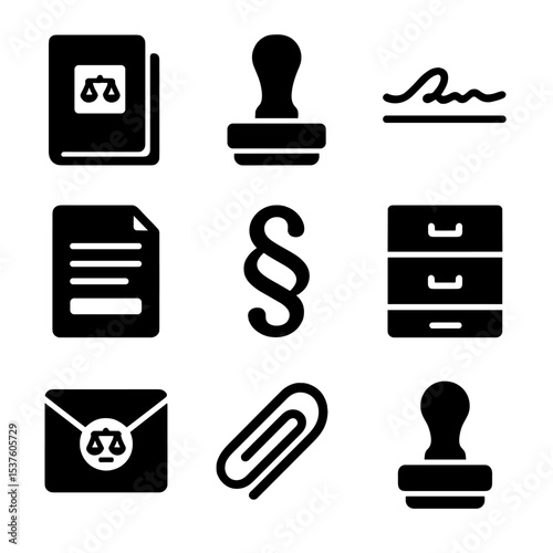 Legal Icons Grid. Solid, filled icons set of legal document preparation: case file, stamp seal, signature line