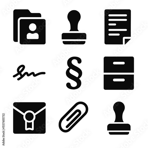 Legal Icons Grid. Solid, filled icons set of legal document preparation: case file, stamp seal, signature line