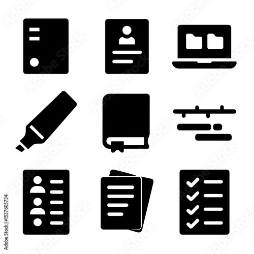 Trial Preparation Icons. Solid, filled icons set of trial preparation tools: legal binder, case summary,