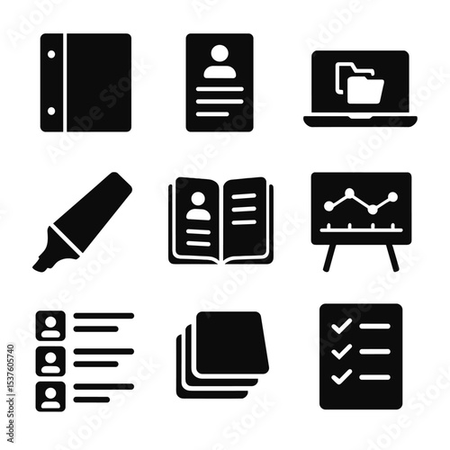 Trial Preparation Icons. Solid, filled icons set of trial preparation tools: legal binder, case summary,