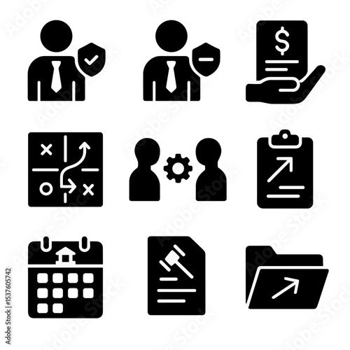 Civil Litigation Icons. Solid, filled icons set of civil litigation work: plaintiff icon, defendant icon,