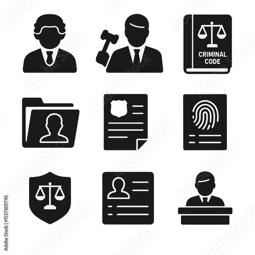 Criminal Law Icons. Solid, filled icons set of criminal law professionals: defense attorney, prosecutor icon,