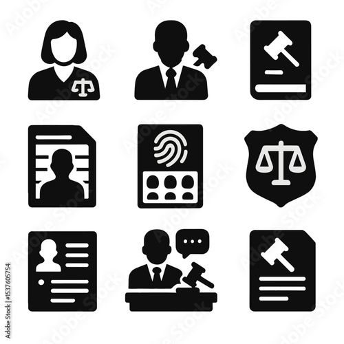 Criminal Law Icons. Solid, filled icons set of criminal law professionals: defense attorney, prosecutor icon,