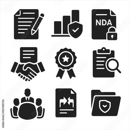 Corporate Icon Set. Solid, filled icons set of corporate legal team: contract draft, compliance chart, NDA