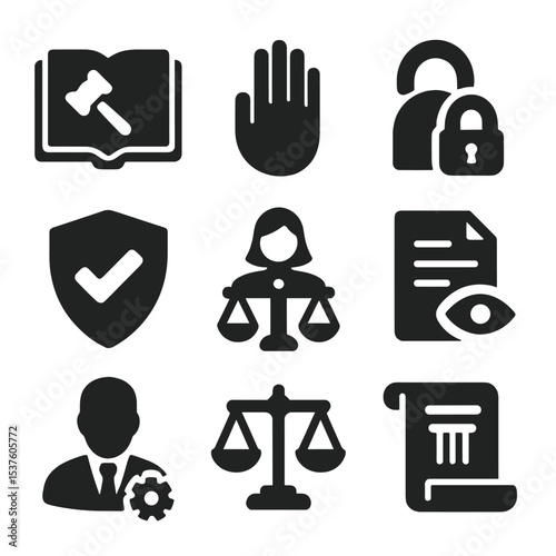 Legal Ethics Icons Grid. Solid, filled icons set of legal ethics and integrity: code of conduct, oath hand,