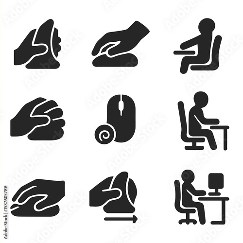 Ergonomic Mouse Icons. Solid, filled icons set of ergonomic mouse usage: vertical mouse, wrist support, hand