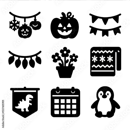 Seasonal Kids' Room Icons. Solid, filled icons set of seasonal kids’ room updates: snowflake lights, pumpkin