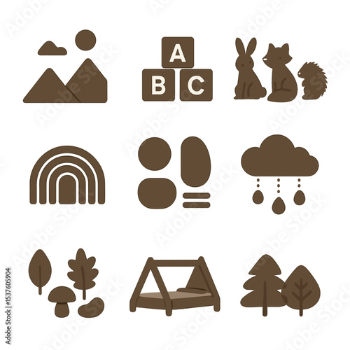 Gender-Neutral Kids Icons. Solid, filled icons set of gender-neutral kids’ design: mountain mural, wooden