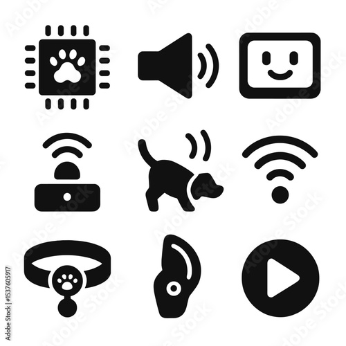 Futuristic Pet Icons. Solid, filled icons set of futuristic pet companions: AI chip, speaker mouth, emotion